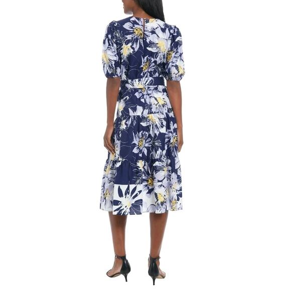 London Times Navy Ivory Floral Midi Dress Women's Size 8, Puff Sleeve Belted - Picture 2 of 3